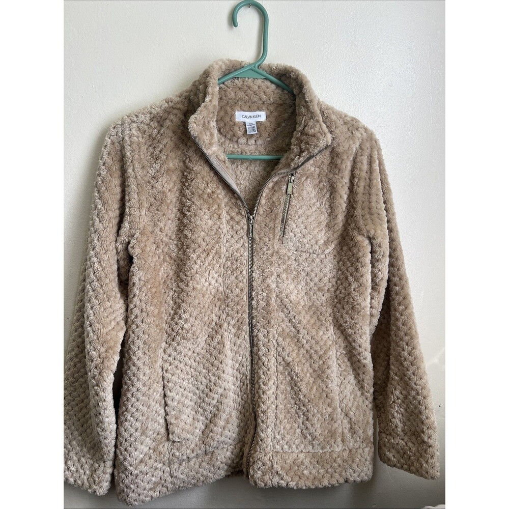 CALVIN KLEIN FULL ZIP SHERPA‎ SIZE XS TAN LATTE CAMEL COLOR GOLD ZIPPER ACCENTS